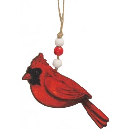 Wood Cardinal Ornament with Beaded Jute Hanger