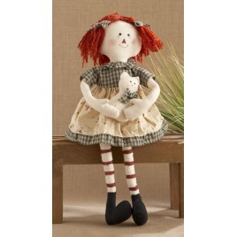 40824-sitting raggedy girl green checkered dress with cat 