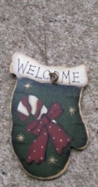 47069WCC - Welcome Candy Cane Mitten Wood Ornament