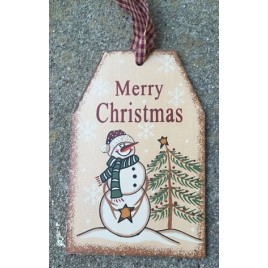6085MC - Merry Christmas Snowman wood Tag with gingham ribbon 