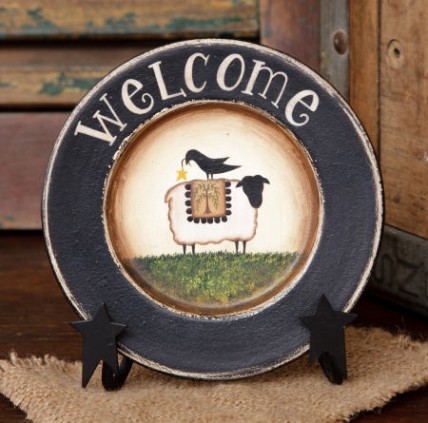 8W1559 Welcome Sheep round wood plate 