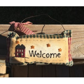 99280W Welcome Primitive Mini Pillow with gingham ribbon Hangs by wire