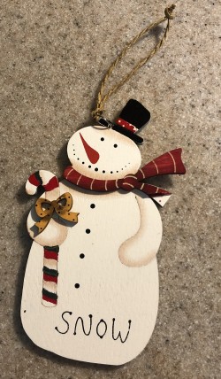 Snowman wood  Ornament  BR1 with top hat red scarf and candy cane 