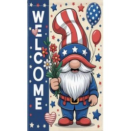 86M80565W2 Patriotic Welcome Gnome with flowers double sided garden flag