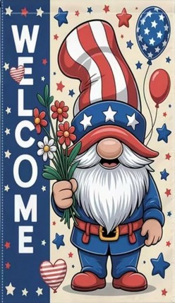 86M80565W2 Patriotic Welcome Gnome with flowers double sided garden flag 86M80565W2 Patriotic Welcome Gnome with flowers double sided garden flag