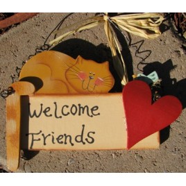 Wood Country Cat Sign WD193 - Welcome Friends Cat/Heart