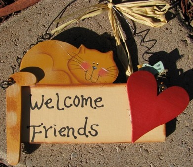 Wood Country Cat Sign WD193 - Welcome Friends Cat/Heart